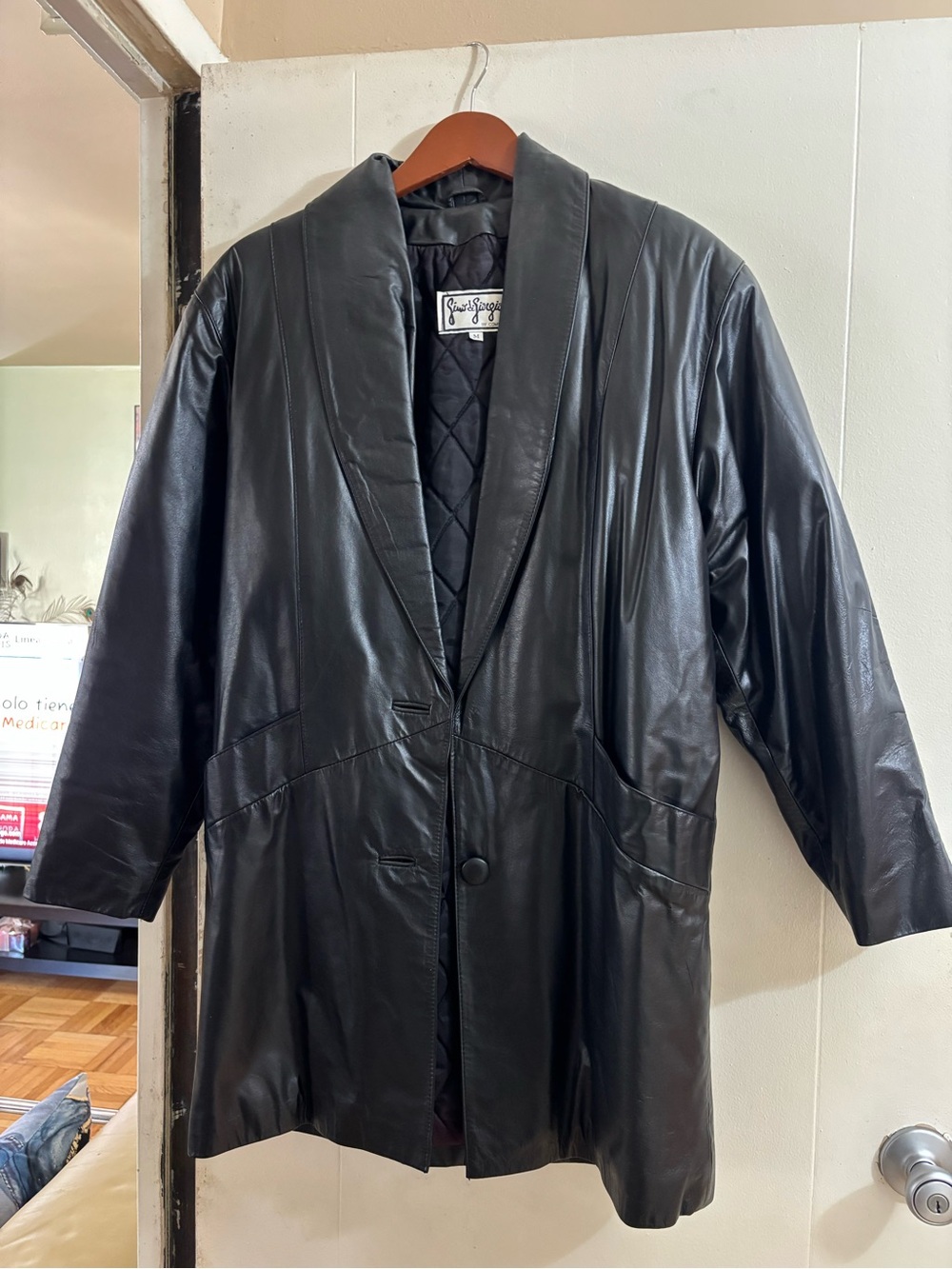 Mint Black Shawl-Collar Leather Trench Coat
